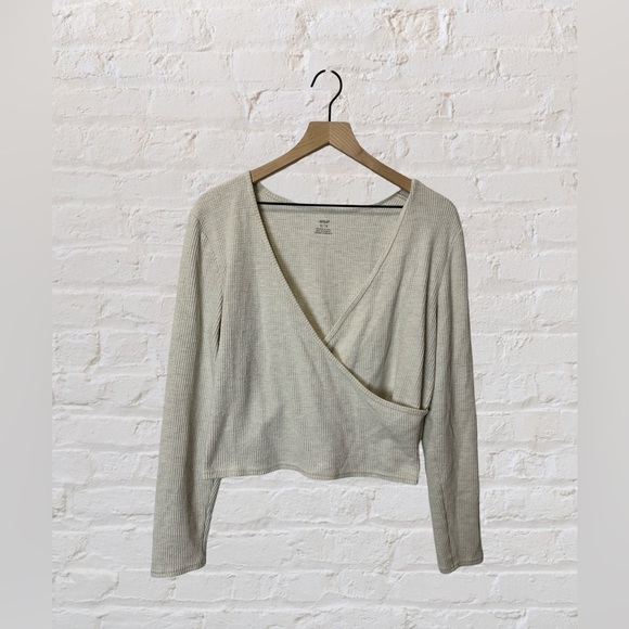 Aerie Women's Sz XL Ivory Cream Cross Wrap Top Long Sleeve Thermal Ballet core - Picture 1 of 6
